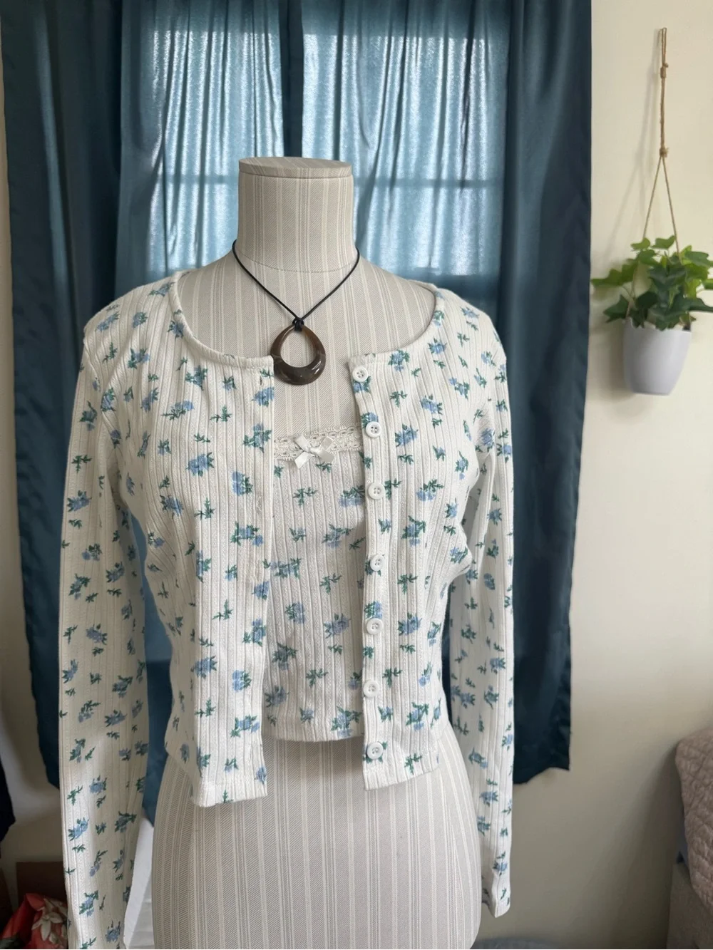 Princess Polly Cream Ribbed Floral Tank & Cardigan Set with Blue Flowers